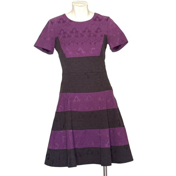 BADGLEY MISCHKA Belle 2 Purple & Black Striped Floral Lace Jacquard Dress EUC - Picture 1 of 8